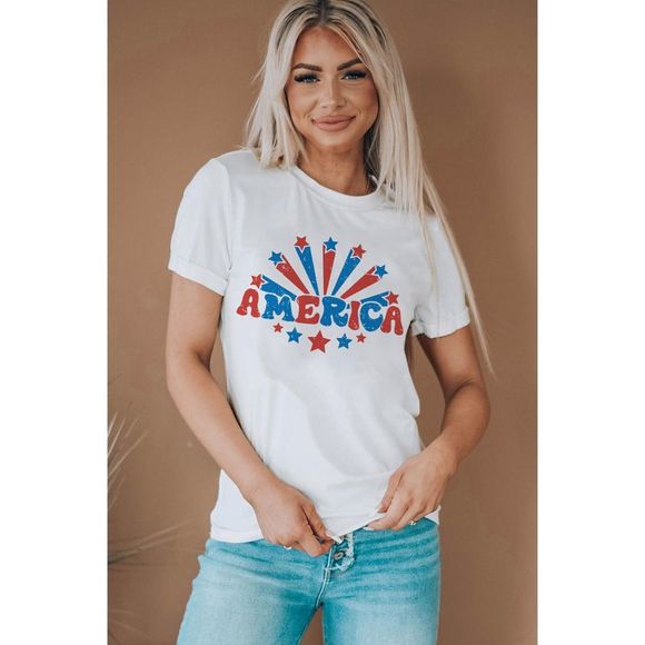 Azura Exchange White AMERICA Star Graphic Round Neck Tee - Picture 2 of 10